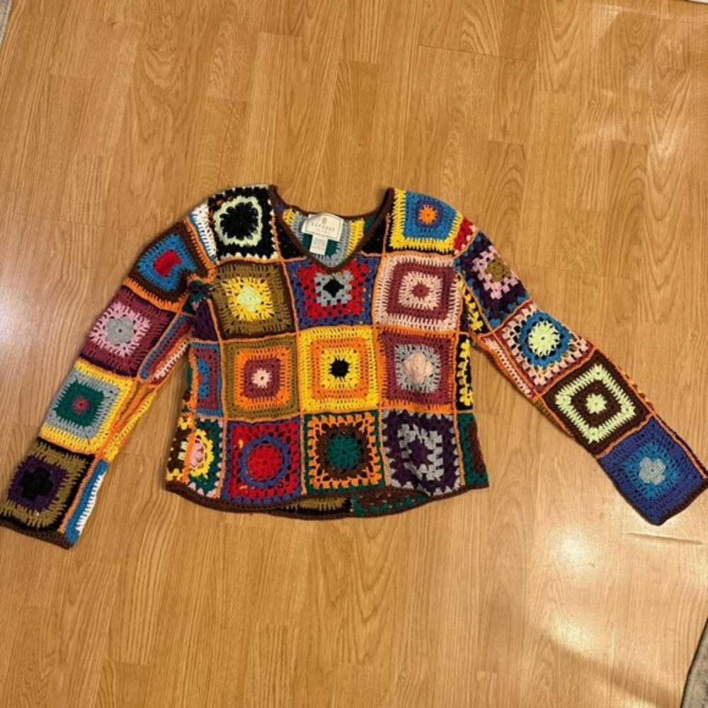Vintage Express Tricot 70s Granny Square Crochet Rainbow Sweater Size L